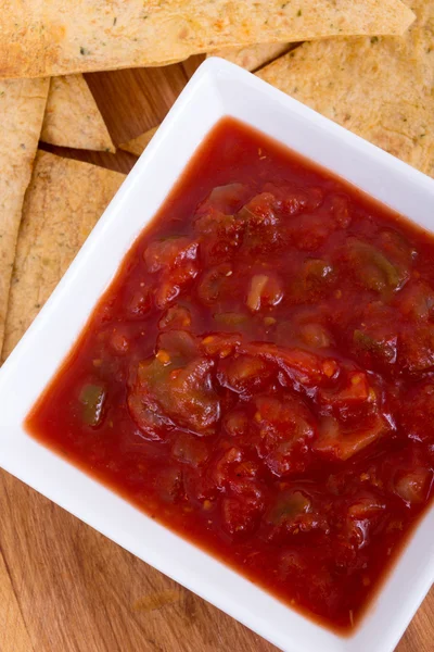 Oven baked tortilla chip with salsa — Stock Photo, Image