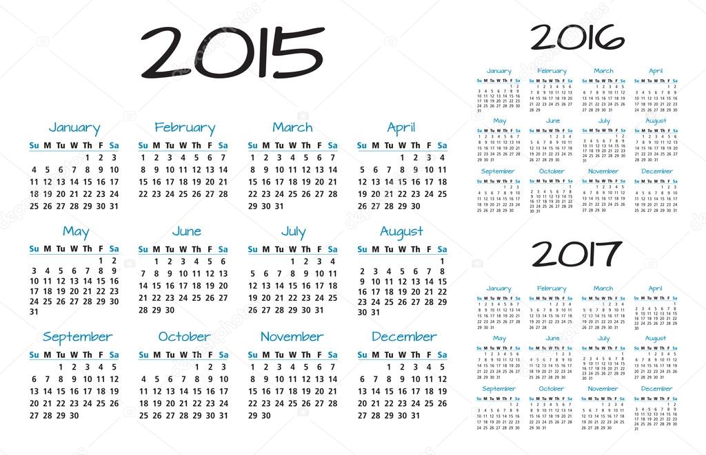 English Calendar 2015-2016-2017 vector