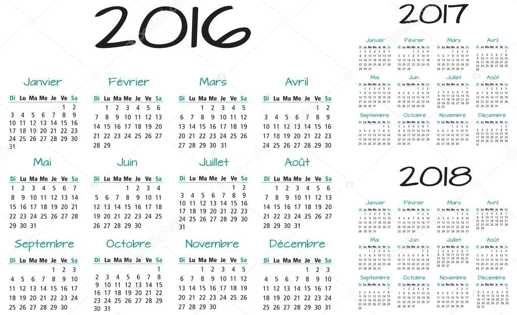 français 2016 2017 et 2018 calendrier vector — image vectorielle