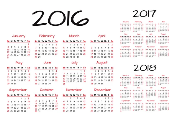 英語のカレンダー 2016年-2017年-2018年ベクトル図赤と黒 — ストックベクタ