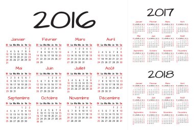 French 2016 2017 and 2018 year vector calendar red and black