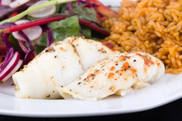 Baked sole fish roll with rice and fresh salad dish — Stock Photo, Image