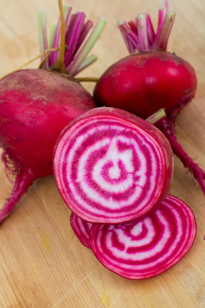 Chioggia striped beet on wood table — Stock Photo, Image