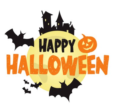 Happy Halloween over a full moon with bats and haunted houses holiday banner illustration vector