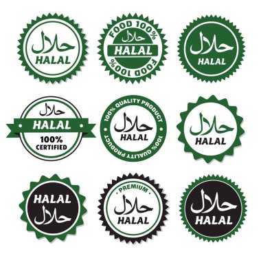 Arapça kaligrafi ve kaliteli mühürler içeren, gıda ambalajı, markalaşma, etiketleme ve pazarlama tasarımı için ideal yeşil helal sertifika sertifikaları ve etiketleri.