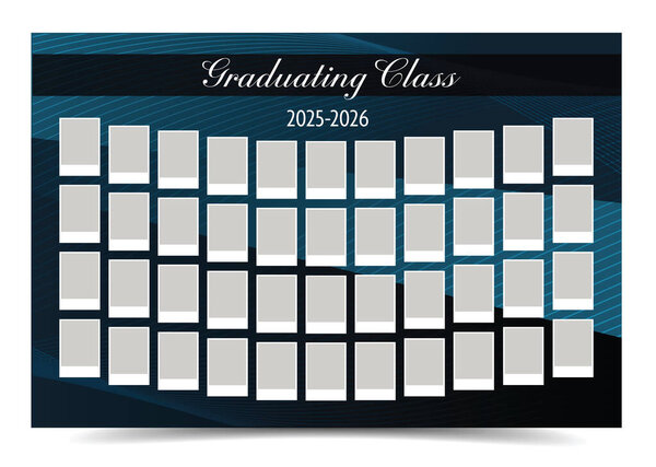 Graduation photo mosaic template with empty photo placeholders arranged in a grid layout. Elegant dark blue abstract background with modern design.