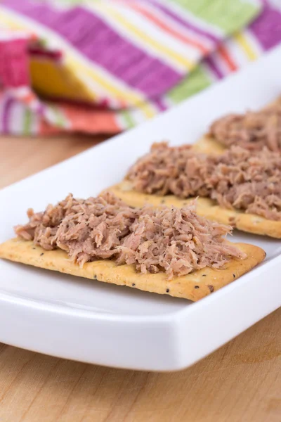 Tonijn vlees op crackers canapé — Stockfoto