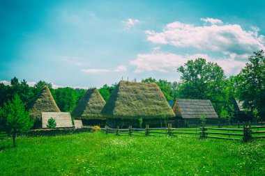 Karpat Dağları görünümünde eski Romence Köyü