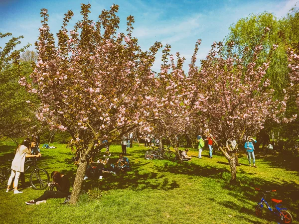 Mensen plezier In de Japanse tuin van Herastrau openbare Park op Weekend lente. — Stockfoto