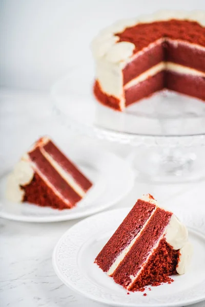 Red Velvet Cake Slice Marble Table Background — Stock Photo, Image