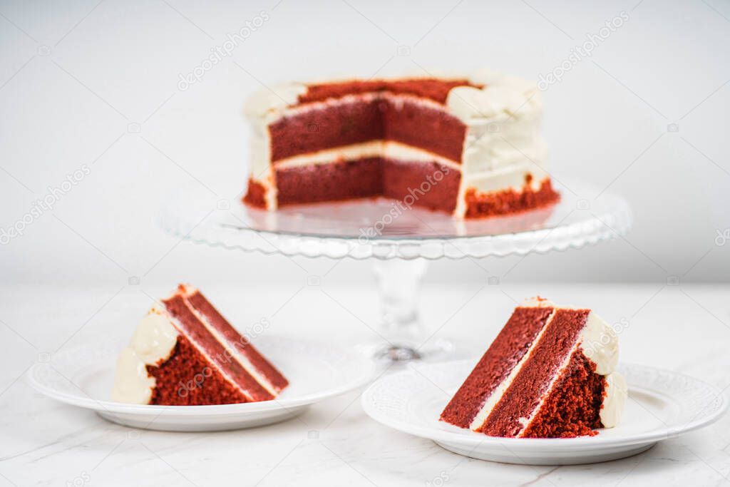 Red Velvet Cake Slice on Marble Table Background