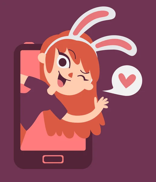 Schattige Bunny Lover Girl weergegeven op de telefoon scherm — Stockvector