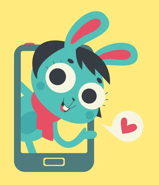 Schattige Bunny Lover Girl weergegeven op de telefoon scherm — Stockvector