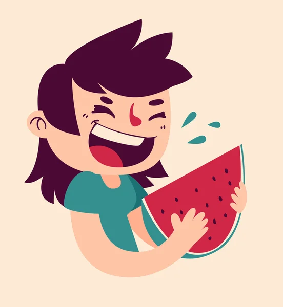 Cartoon Girl Eating Watermelon - Stok Vektor