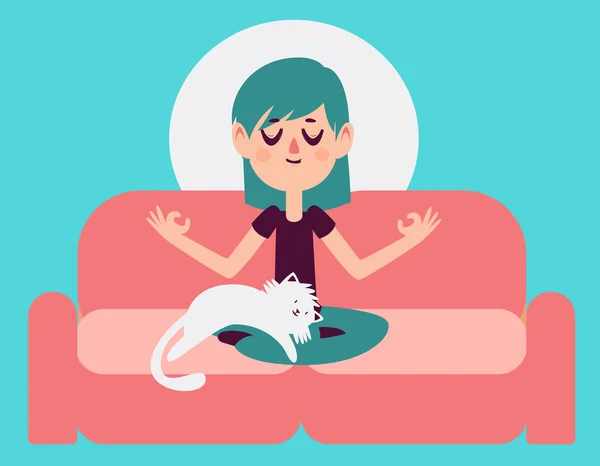 Zen menina meditando no sofá com gato — Vetor de Stock