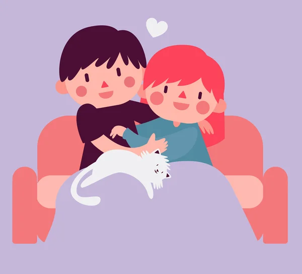 Çift kanepe kedi ile sarılma
