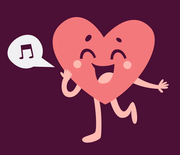 Lindo corazón personaje cantando y corriendo — Vector de stock