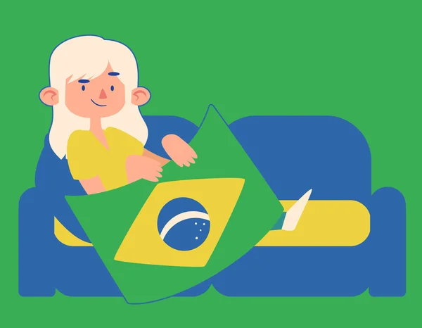 Menina dos desenhos animados segurando uma bandeira brasileira em um sofá — Vetor de Stock