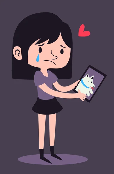 Triste chica sosteniendo perro retrato — Vector de stock