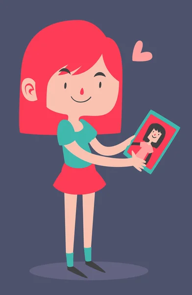 Cute Girl Holding her Girlfriend's Portrait — Stock Vector