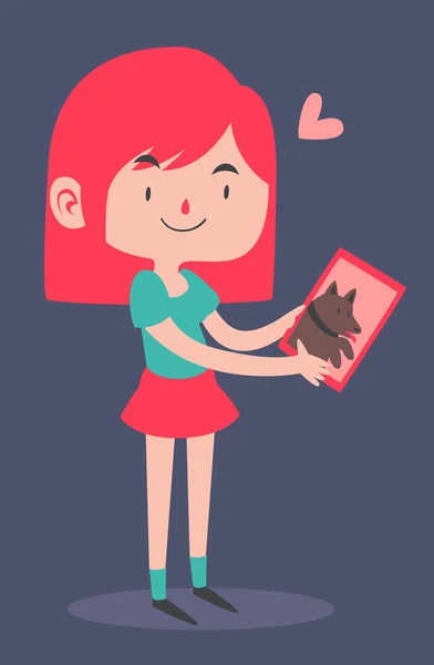 Linda chica sosteniendo un retrato de su perro — Vector de stock