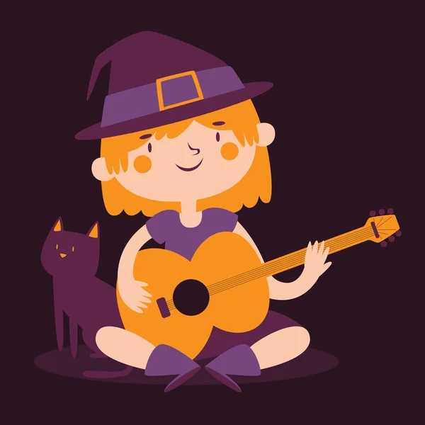 Ведьма играет на гитаре рядом со своим котом — стоковый вектор