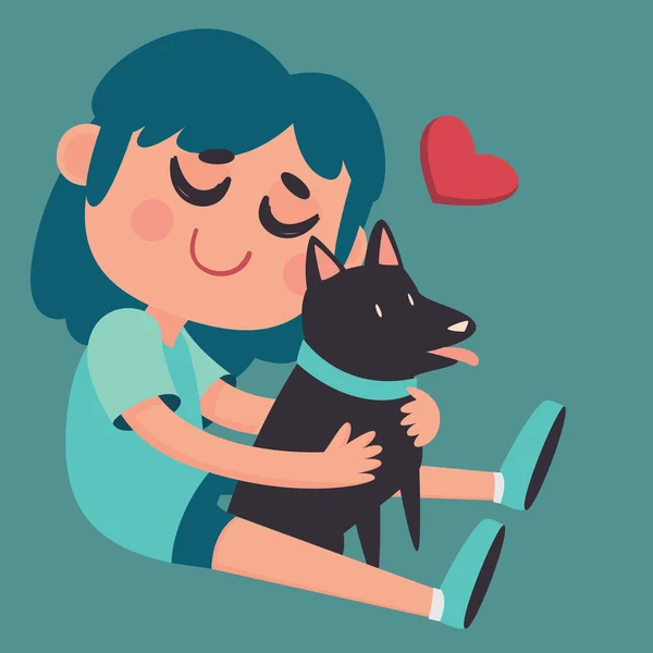 Linda chica abrazando a su perro — Vector de stock