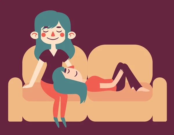 Κορίτσια ζευγάρι χαλαρωτικό στον καναπέ — Διανυσματικό Αρχείο