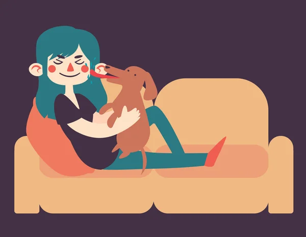 Chica sosteniendo su perro en el sofá — Vector de stock