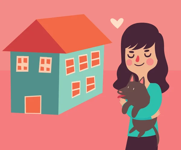 Fille et son chien à côté de leur nouvelle maison — Image vectorielle