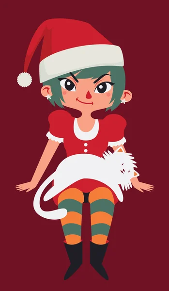 Navidad chica sentado con un gato en su vuelta — Vector de stock