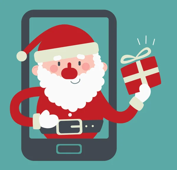 Niedlichen Weihnachtsmann in einem Telefon mit einem Geschenk — Stockvektor