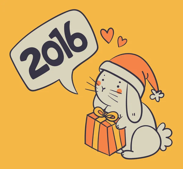Coniglietto disegnato a mano che tiene un regalo e augura un felice anno nuovo — Vettoriale Stock