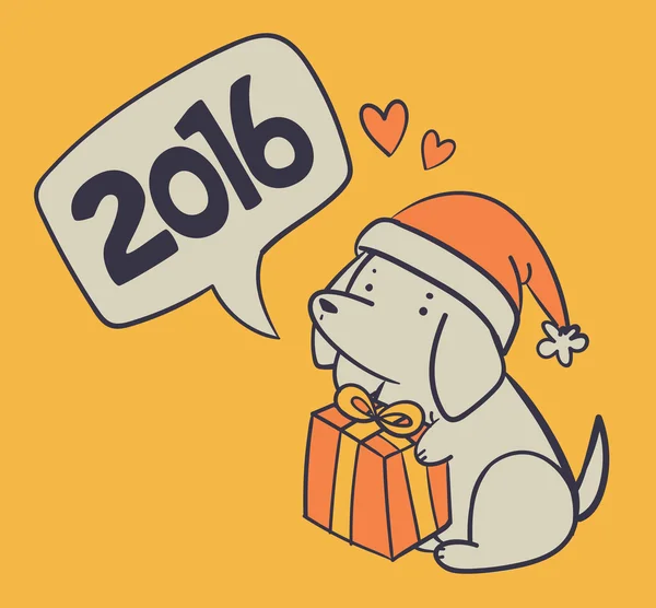 Cane disegnato a mano che tiene un regalo e augura un felice anno nuovo — Vettoriale Stock