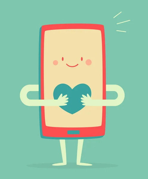 Happy Smartphone Holding a Heart - Stok Vektor