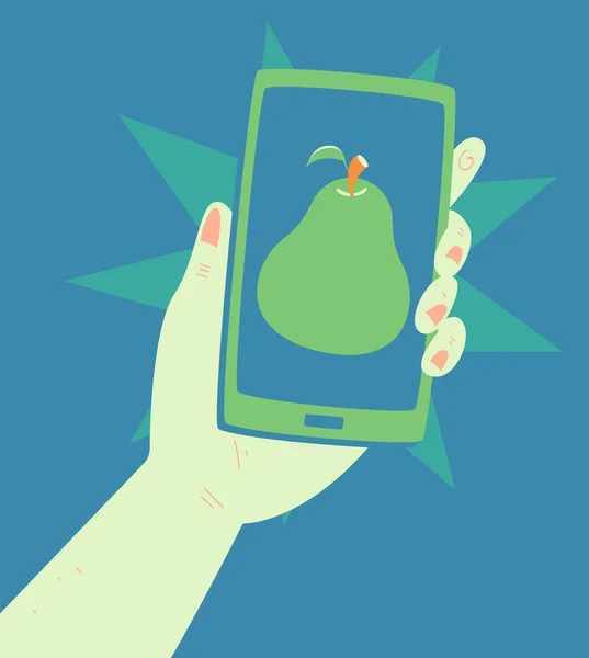 Hand Holding a Phone with a Pear Inside - Stok Vektor