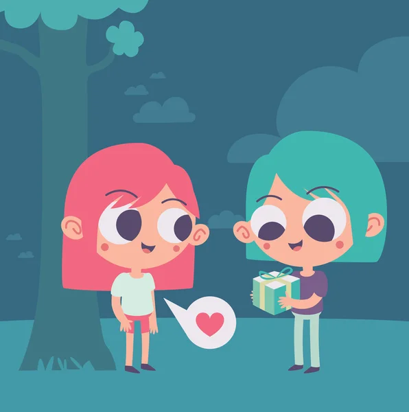 Linda pareja que negocia un regalo bajo un árbol — Vector de stock