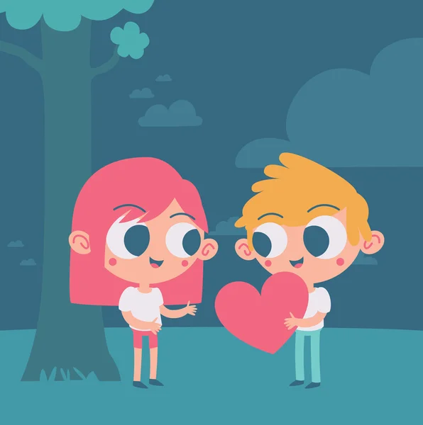 Linda pareja que negocia un corazón bajo un árbol — Vector de stock