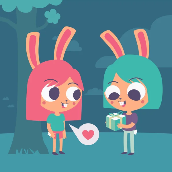 Schattige Bunny paar handel een cadeautje onder een boom — Stockvector