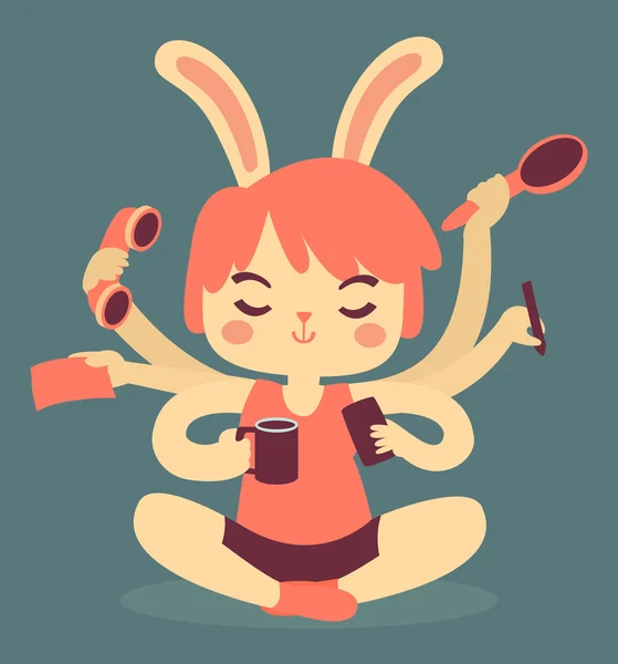 Cartoon Bunny Multitasking — Stockvector