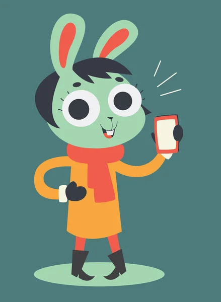 Bonito coelhinho menina segurando um celular —  Vetores de Stock