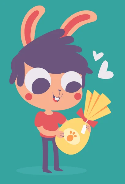 Söt kanin pojke håller en påsk choklad ägg — Stock vektor