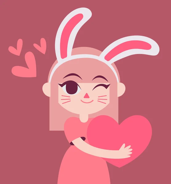 可爱兔子女孩抱着一颗心 — 图库矢量图片