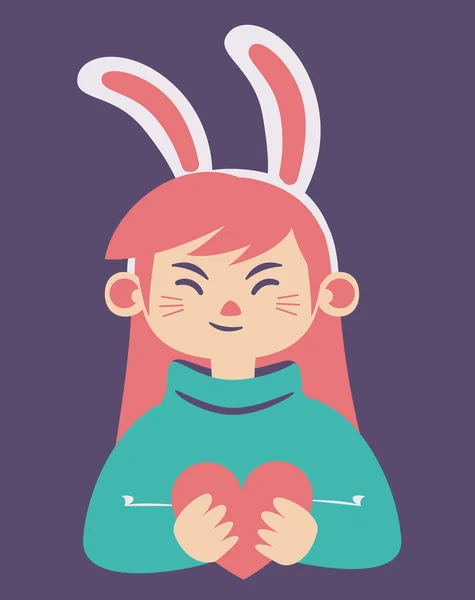 Cute Bunny Girl Holding a Heart — Stock Vector
