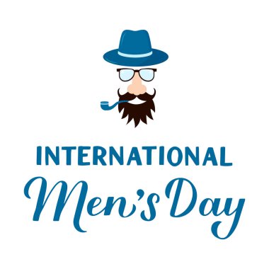 Uluslararası Erkekler Günü mektupları beyazlar üzerinde izole edilmiş hipster ile birlikte. Tatil kutlaması 19 Kasım 'da. Tipografi posteri, afiş, broşür, etiket, tişört, tebrik kartı vs. için vektör şablonu.