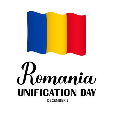 Romanya 'nın Birleşme Günü bayrak sallıyor. Romanya Ulusal Bayramına 1 Aralık 'ta Büyük Birleşme Günü de düzenlendi. Pankart, tipografi posteri, broşür vs. için vektör şablonu.
