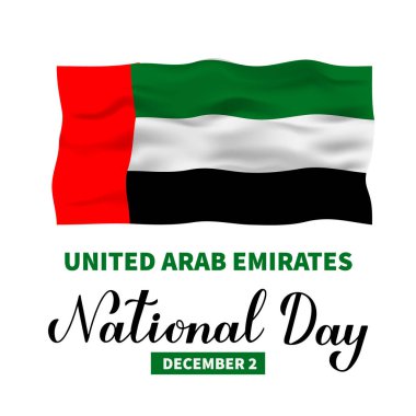 Birleşik Arap Emirlikleri Ulusal Günü BAE bayrağı taşıyor. Tatil 2 Aralık 'ta kutlandı. Tipografi posteri, afiş, tebrik kartı, el ilanı vs. için vektör şablonu.