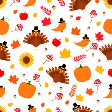 Şükran Günü 'nde pürüzsüz bir düzen. Tatlı çizgi film sezonluk elementleri. Tebrik kartı, poster, afiş, broşür, kumaş ve tişört için vektör şablonunu düzenlemek kolay