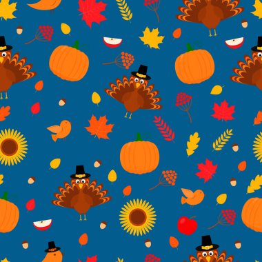 Şükran Günü 'nde pürüzsüz bir düzen. Tatlı çizgi film sezonluk elementleri. Tebrik kartı, poster, afiş, broşür, kumaş ve tişört için vektör şablonunu düzenlemek kolay