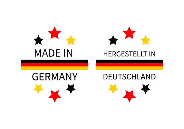 Gemaakt in Duitsland etiketten in het Engels en in de Duitse taal. Kwaliteitskeurmerk vectorpictogram. Perfect voor logo ontwerp, tags, badges, stickers, embleem, productverpakking, enz.. — Stockvector